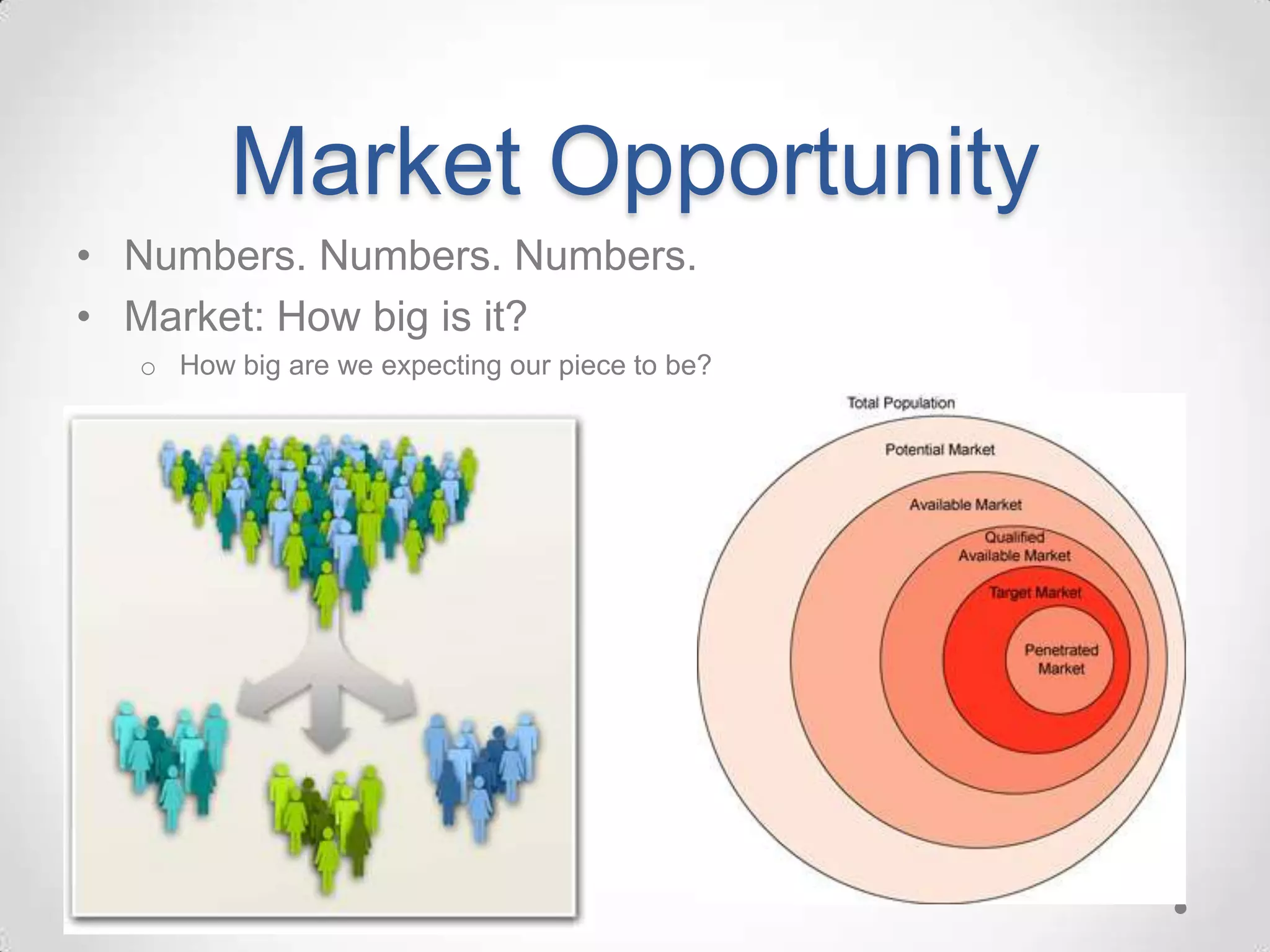 Market Opportunity
• Numbers. Numbers. Numbers.
• Market: How big is it?
  o How big are we expecting our piece to be?
 