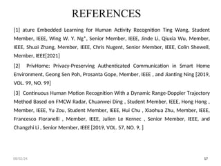 REFERENCES
[1] ature Embedded Learning for Human Activity Recognition Ting Wang, Student
Member, IEEE, Wing W. Y. Ng*, Senior Member, IEEE, Jinde Li, Qiuxia Wu, Member,
IEEE, Shuai Zhang, Member, IEEE, Chris Nugent, Senior Member, IEEE, Colin Shewell,
Member, IEEE[2021]
[2] PrivHome: Privacy-Preserving Authenticated Communication in Smart Home
Environment, Geong Sen Poh, Prosanta Gope, Member, IEEE , and Jianting Ning [2019,
VOL. 99, NO. 99]
[3] Continuous Human Motion Recognition With a Dynamic Range-Doppler Trajectory
Method Based on FMCW Radar, Chuanwei Ding , Student Member, IEEE, Hong Hong ,
Member, IEEE, Yu Zou, Student Member, IEEE, Hui Chu , Xiaohua Zhu, Member, IEEE,
Francesco Fioranelli , Member, IEEE, Julien Le Kernec , Senior Member, IEEE, and
Changzhi Li , Senior Member, IEEE [2019, VOL. 57, NO. 9, ]
17
08/02/24
 