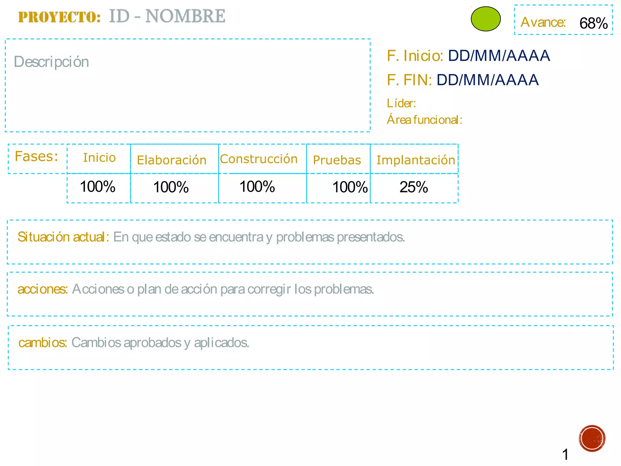 Fases:
Avance:
Inicio Elaboración Construcción Pruebas Implantación
F. Inicio: DD/MM/AAAA
Situación actual: En queestado seencuentray problemaspresentados.
Líder:
Áreafuncional:
100%
68%
1
Descripción
100% 100% 100% 25%
F. FIN: DD/MM/AAAA
acciones: Accioneso plan deacción paracorregir losproblemas.
cambios: Cambiosaprobadosy aplicados.