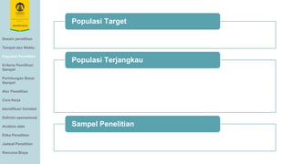 Desain penelitian
Tempat dan Waktu
Populasi Penelitian
Kriteria Pemilihan
Sampel
Perhitungan Besar
Sampel
Alur Penelitian
Cara Kerja
Identifikasi Variabel
Definisi operasional
Analisis data
Etika Penelitian
Jadwal Penelitian
Rencana Biaya
Populasi Target
Populasi Terjangkau
Sampel Penelitian
 