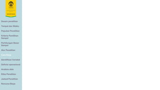 Desain penelitian
Tempat dan Waktu
Populasi Penelitian
Kriteria Pemilihan
Sampel
Perhitungan Besar
Sampel
Alur Penelitian
Cara Kerja
Identifikasi Variabel
Definisi operasional
Analisis data
Etika Penelitian
Jadwal Penelitian
Rencana Biaya
 