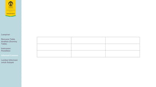 Lampiran
Rencana Table
Analisis (Dummy
Table)
Instrumen
Penelitian
Informed Consent
Lembar Informasi
untuk Subyek
 
