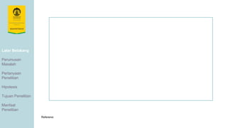 Latar Belakang
Perumusan
Masalah
Pertanyaan
Penelitian
Hipotesis
Tujuan Penelitian
Manfaat
Penelitian
Referensi
 