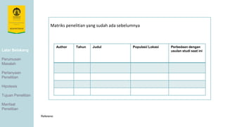 Latar Belakang
Perumusan
Masalah
Pertanyaan
Penelitian
Hipotesis
Tujuan Penelitian
Manfaat
Penelitian
Referensi
Matriks penelitian yang sudah ada sebelumnya
Author Tahun Judul Populasi/ Lokasi Perbedaan dengan
usulan studi saat ini
 
