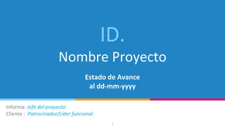 ID.
Nombre Proyecto
Estado de Avance
al dd-mm-yyyy
1
Informa: Jefe del proyecto
Cliente : Patrocinador/Líder funcional
 