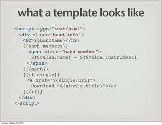 what a template looks like
              <script type=”text/html”>
               <div class=”band-info”>
                ...