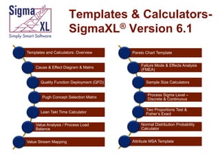Templates & CalculatorsSigmaXL® Version 6.1
Templates and Calculators: Overview

Cause & Effect Diagram & Matrix

Quality Function Deployment (QFD)

Pugh Concept Selection Matrix

Lean Takt Time Calculator
Value Analysis / Process Load
Balance
Value Stream Mapping

Pareto Chart Template
Failure Mode & Effects Analysis
(FMEA)
Sample Size Calculators
Process Sigma Level –
Discrete & Continuous
Two Proportions Test &
Fisher’s Exact
Normal Distribution Probability
Calculator
Attribute MSA Template

 