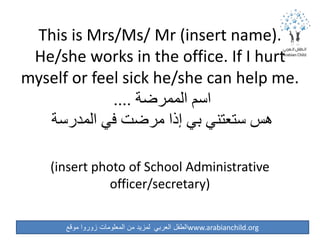 ‫موقع‬ ‫زوروا‬ ‫المعلومات‬ ‫من‬ ‫لمزيد‬ ‫العربي‬ ‫الطفل‬www.arabianchild.org
This is Mrs/Ms/ Mr (insert name).
He/she works in the office. If I hurt
myself or feel sick he/she can help me.
‫الممرضة‬ ‫اسم‬....
‫المدرسة‬ ‫في‬ ‫مرضت‬ ‫إذا‬ ‫بي‬ ‫ستعتني‬ ‫هس‬
(insert photo of School Administrative
officer/secretary)
 