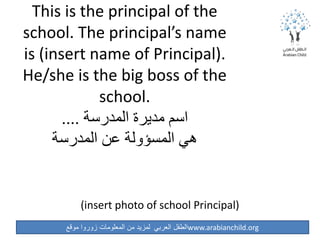 ‫موقع‬ ‫زوروا‬ ‫المعلومات‬ ‫من‬ ‫لمزيد‬ ‫العربي‬ ‫الطفل‬www.arabianchild.org
This is the principal of the
school. The principal’s name
is (insert name of Principal).
He/she is the big boss of the
school.
‫المدرسة‬ ‫مديرة‬ ‫اسم‬....
‫المدرسة‬ ‫عن‬ ‫المسؤولة‬ ‫هي‬
(insert photo of school Principal)
 
