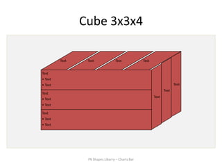 Cube 3x3x4

         Text    Text             Text            Text


Text
• Text
• Text                                                                 Text
                                                                Text
Text
                                                         Text
• Text
• Text

Text
• Text
• Text




                 PK Shapes Libarry – Charts Bar
 