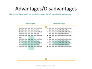 Advantages/Disadvantages
The text in these boxes is intended to cover the +/- signs in the background



                       Advantages                                   Disadvantages

          • Text Text Text Text Text Text Text Text       • Text Text Text Text Text Text Text Text
            Text Text Text Text Text Text Text              Text Text Text Text Text Text Text
          • Text Text Text Text Text Text Text Text       • Text Text Text Text Text Text Text Text
            Text Text Text Text Text Text Text              Text Text Text Text Text Text Text
          • Text Text Text Text Text Text Text Text       • Text Text Text Text Text Text Text Text
            Text                                            Text
          • Text Text Text Text Text Text Text Text       • Text Text Text Text Text Text Text Text
            Text Text Text Text Text Text Text              Text Text Text Text Text Text Text
          • Text Text Text Text Text Text Text Text       • Text Text Text Text Text Text Text Text
            Text Text Text Text Text Text Text              Text Text Text Text Text Text Text
          • Text Text Text Text Text Text Text Text       • Text Text Text Text Text Text Text Text




                                          PK Shapes Libarry – Charts Bar
 