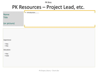 PK Bios

              PK Resources – Project Lead, etc.
                    • Introduction……….
Name
Title

(or picture)




Experience:

 • Xxx
 • Xxx

Education:

 • Xxx
 • xxxx




                                         PK Shapes Libarry – Charts Bar
 
