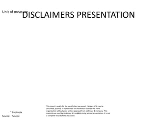 Unit of measure
                    DISCLAIMERS PRESENTATION




                         This report is solely for the use of client personnel. No part of it may be
                         circulated, quoted, or reproduced for distribution outside the client
                         organization without prior written approval from McKinsey & Company. This
       * Footnote                                                  172
                         material was used by McKinsey & Company during an oral presentation; it is not
Source: Source           a complete record of the discussion.
 