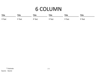 6 COLUMN
Title               Title    Title     Title    Title    Title

• Text              • Text   • Text    • Text   • Text   • Text




       * Footnote                     198
Source: Source
 