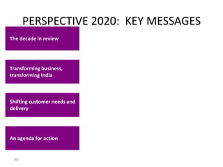PERSPECTIVE 2020: KEY MESSAGES
The decade in review




Transforming business,
transforming India



Shifting customer needs and
delivery




An agenda for action


 361
 