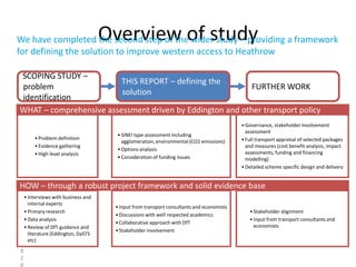 Overview of study
We have completed the second step of the wider study – providing a framework
for defining the solution to improve western access to Heathrow

SCOPING STUDY –
                         THIS REPORT – defining the
problem                                                    FURTHER WORK
                         solution
identification
WHAT – comprehensive assessment driven by Eddington and other transport policy
                                                                                          • Governance, stakeholder involvement
                                                                                            assessment
                                       • SINEI type assessment including
        • Problem definition                                                              • Full transport appraisal of selected packages
                                         agglomeration, environmental (CO2 emissions)
        • Evidence gathering                                                                and measures (cost benefit analysis, impact
                                       • Options analysis
        • High level analysis                                                               assessments, funding and financing
                                       • Consideration of funding issues                    modelling)
                                                                                          • Detailed scheme specific design and delivery


HOW – through a robust project framework and solid evidence base
    • Interviews with business and
      internal experts
                                      • Input from transport consultants and economists
    • Primary research                                                                       • Stakeholder alignment
                                      • Discussions with well respected academics
    • Data analysis                                                                          • Input from transport consultants and
                                      • Collaborative approach with DfT
    • Review of DfT guidance and                                                               economists
                                      • Stakeholder involvement
      literature (Eddington, DaSTS
      etc)
8
2
0
 