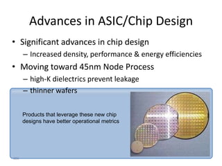 Advances in ASIC/Chip Design
• Significant advances in chip design
      – Increased density, performance & energy efficiencies
• Moving toward 45nm Node Process
      – high-K dielectrics prevent leakage
      – thinner wafers

      Products that leverage these new chip
      designs have better operational metrics




886
 