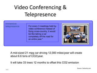 Video Conferencing &
             Telepresence
immersive
telepresence         For every 3 meetings held by
                     video conference instead of
                     flying cross-country, it would
                     be like taking a car
                     completely off the road for
                     an entire year.*




      A mid-sized 21 mpg car driving 12,000 miles/year will create
      about 6.6 tons of CO2/year.

      It will take 33 trees 12 months to offset this CO2 emission
                                                               Source: Carbonify.com
890
 