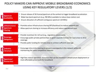 POLICY MAKERS CAN IMPROVE MOBILE BROADBAND ECONOMICS
           USING KEY REGULATORY LEVERS (1/2)

                  ▪ Ensure release of 3G license/spectrum at the earliest to trigger broadband acceleration
Spectrum
availability
                  ▪ Make low-band spectrum (e.g.,700 Mhz) available to reduce base station cost
                  ▪ Ensure allocation of sufficient contiguous spectrum (10 MHz)

Infrastructure/   ▪ Promote active infrastructure sharing (BTS/backhaul) to reduce network cost
spectrum          ▪ Allow spectrum sharing to increase efficiency and reduce operational costs
sharing

                  ▪ Provide incentives for roll out (e.g., regulatory concessions)
Coverage          ▪ Encourage public-private partnerships or grant separate licenses for rural areas to drive
obligations           coverage
                  ▪   Provide public funding for remote areas to achieve sufficient coverage


Industry          ▪ Encourage intra circle roaming to prevent overcapacity in the network while still
structure             maintaining the same competitive intensity


                  ▪ High fees reduce operators’ resources that can be invested in infrastructure deployment or
Spectrum/             more affordable price levels for broadband
license fees


  954
 