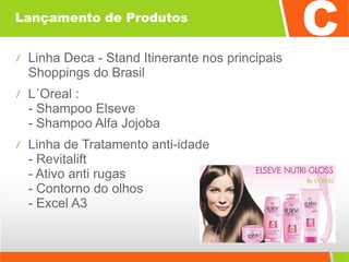 Lançamento de Produtos Linha Deca - Stand Itinerante nos principais Shoppings do Brasil L´Oreal : - Shampoo Elseve - Shampoo Alfa Jojoba Linha de Tratamento anti-idade  -  Revitalift - Ativo anti rugas - Contorno do olhos - Excel A3            
