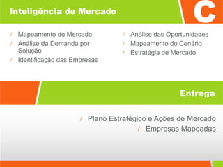 Inteligência de Mercado Mapeamento do Mercado Análise da Demanda por Solução Identificação das Empresas Plano Estratégico e Ações de Mercado Empresas Mapeadas Entrega Análise das Oportunidades Mapeamento do Cenário Estratégia de Mercado  