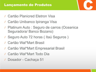 Lançamento de Produtos Cartão Planicred Eletron Visa Cartão Unibanco Ipiranga Visa Platinum Auto : Seguro de carros (Oceanica Seguradora/ Banco Bozano) Seguro Auto 72 horas ( Itaú Seguros ) Cartão Wal*Mart Brasil Cartão Wal*Mart Empresarial Brasil Cartão Wal*Mart Todo Dia Dosador - Cachaça 51 