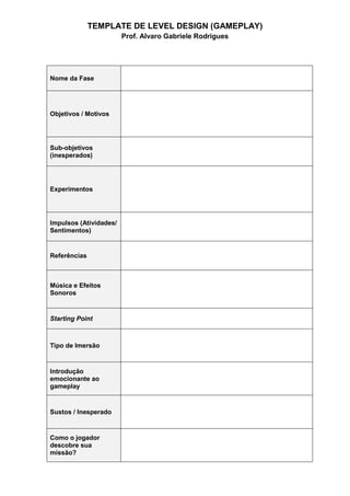 TEMPLATE DE LEVEL DESIGN (GAMEPLAY)
Prof. Alvaro Gabriele Rodrigues
Nome da Fase
Objetivos / Motivos
Sub-objetivos
(inesperados)
Experimentos
Impulsos (Atividades/
Sentimentos)
Referências
Música e Efeitos
Sonoros
Starting Point
Tipo de Imersão
Introdução
emocionante ao
gameplay
Sustos / Inesperado
Como o jogador
descobre sua
missão?
 