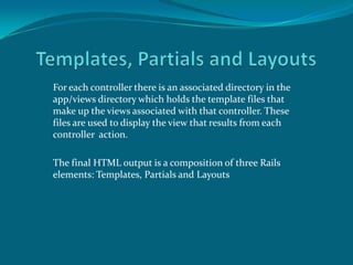 For each controller there is an associated directory in the
app/views directory which holds the template files that
make up the views associated with that controller. These
files are used to display the view that results from each
controller action.
The final HTML output is a composition of three Rails
elements: Templates, Partials and Layouts
 