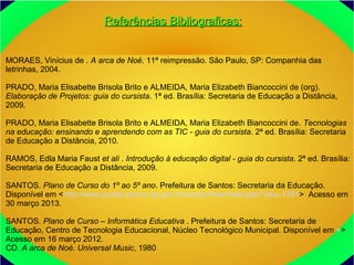 Referências Bibliograficas:Referências Bibliograficas:
MORAES, Vinícius de . A arca de Noé. 11ª reimpressão. São Paulo, SP: Companhia das
letrinhas, 2004.
PRADO, Maria Elisabette Brisola Brito e ALMEIDA, Maria Elizabeth Biancoccini de (org).
Elaboração de Projetos: guia do cursista. 1ª ed. Brasília: Secretaria de Educação a Distância,
2009.
PRADO, Maria Elisabette Brisola Brito e ALMEIDA, Maria Elizabeth Biancoccini de. Tecnologias
na educação: ensinando e aprendendo com as TIC - guia do cursista. 2ª ed. Brasília: Secretaria
de Educação a Distância, 2010.
RAMOS, Edla Maria Faust et ali . Introdução à educação digital - guia do cursista. 2ª ed. Brasília:
Secretaria de Educação a Distância, 2009.
SANTOS. Plano de Curso do 1º ao 5º ano. Prefeitura de Santos: Secretaria da Educação.
Disponível em <http://www.portal.santos.sp.gov.br/seduc/download.php?view.1391> Acesso em
30 março 2013.
SANTOS. Plano de Curso – Informática Educativa . Prefeitura de Santos: Secretaria de
Educação, Centro de Tecnologia Educacional, Núcleo Tecnológico Municipal. Disponível em <>
Acesso em 16 março 2012.
CD. A arca de Noé. Universal Music, 1980
 