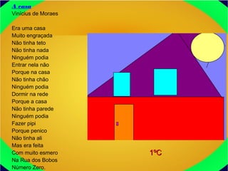 A casa
Vinícius de Moraes
Era uma casa
Muito engraçada
Não tinha teto
Não tinha nada
Ninguém podia
Entrar nela não
Porque na casa
Não tinha chão
Ninguém podia
Dormir na rede
Porque a casa
Não tinha parede
Ninguém podia
Fazer pipi
Porque penico
Não tinha ali
Mas era feita
Com muito esmero
Na Rua dos Bobos
Número Zero.
1ºC1ºC
 