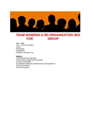 TEAM BONDING & RE-ORGANIZATION SESSION
     FOR         GROUP
Date : 2009
Time : 9.30 am to 5.00pm
Venue :
Participants:
Compiled by :
Facilitator: Laurence Yap

Agenda :
1) Sharing by Group Manager
2) Personal and department successes
3) Personal Strengths
4) Department Strengths & Desired Area of Development
5) Future Possibility
6) Re-Org Propose
 