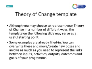 Theory of Change template
• Although you may choose to represent your Theory
of Change in a number of different ways, the
template on the following slide may serve as a
useful starting point.
• Some examples are already filled-in. You can
overwrite these and move/create new boxes and
arrows as much as you need to represent the links
between inputs, activities, outputs, outcomes and
goals of your programme.
 