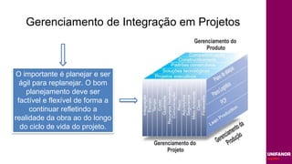 Gerenciamento de Integração em Projetos
O importante é planejar e ser
ágil para replanejar. O bom
planejamento deve ser
factível e flexível de forma a
continuar refletindo a
realidade da obra ao do longo
do ciclo de vida do projeto.
 
