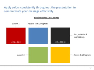 Apply colors consistently throughout the presentation to
communicate your message effectively
15
r 192 g 0 b 0
Accent 1 Header Text & Diagrams
Accent 3 & DiagramsAccent 2
Recommended Color Palette
r 38 g 38 b 38
Text, subtitles &
subheadings
 