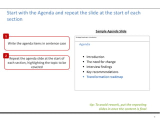 Start with the Agenda and repeat the slide at the start of each
section
9
tip: To avoid rework, put the repeating
slides in once the content is final
Write the agenda items in sentence case
Repeat the agenda slide at the start of
each section, highlighting the topic to be
covered
Sample Agenda Slide
1
2
 