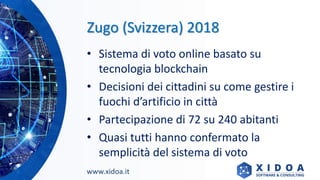 Zugo (Svizzera) 2018
• Sistema di voto online basato su
tecnologia blockchain
• Decisioni dei cittadini su come gestire i
...