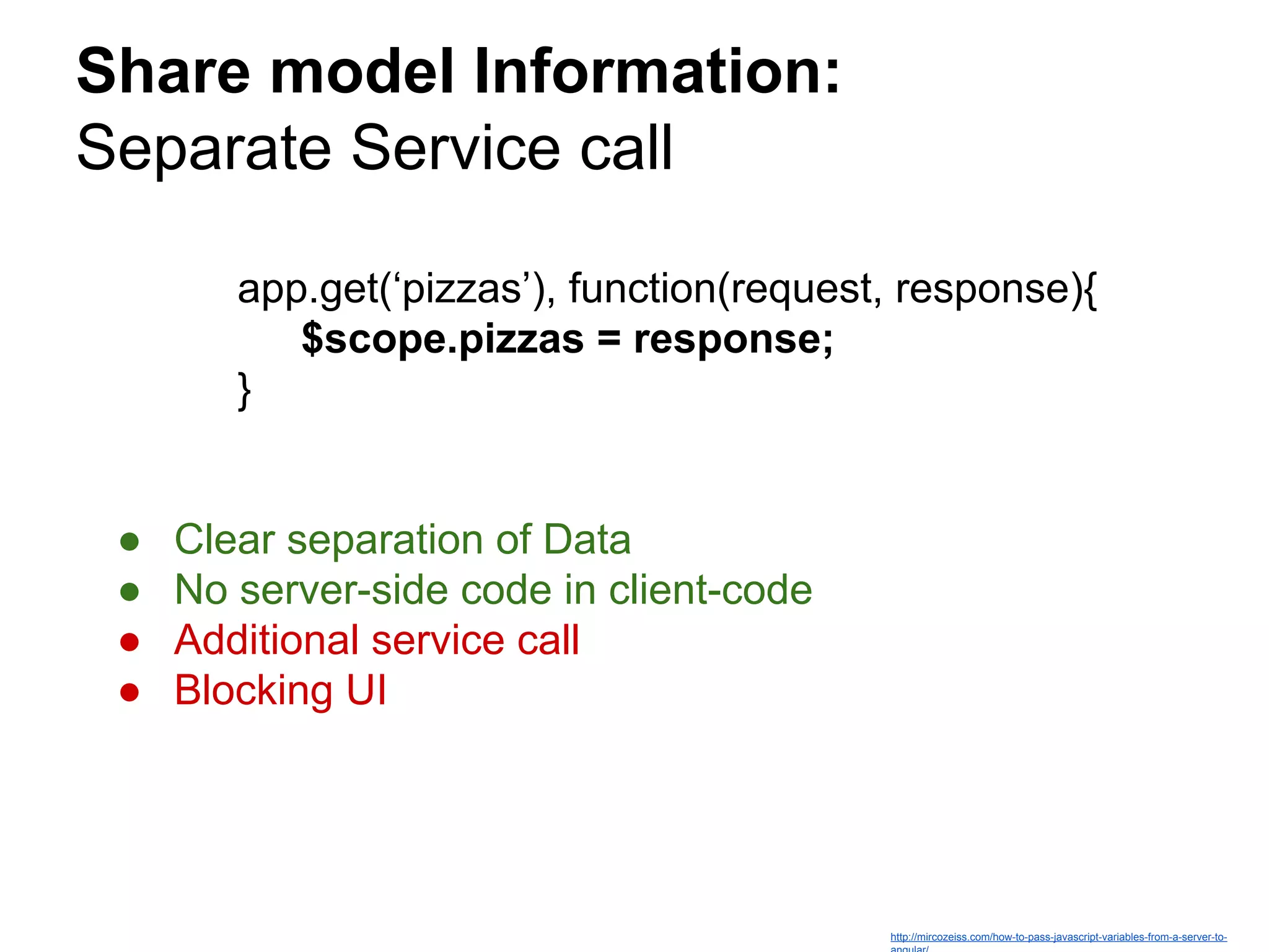 Share model Information:
Separate Service call
http://mircozeiss.com/how-to-pass-javascript-variables-from-a-server-to-
app.get(‘pizzas’), function(request, response){
$scope.pizzas = response;
}
● Clear separation of Data
● No server-side code in client-code
● Additional service call
● Blocking UI
 
