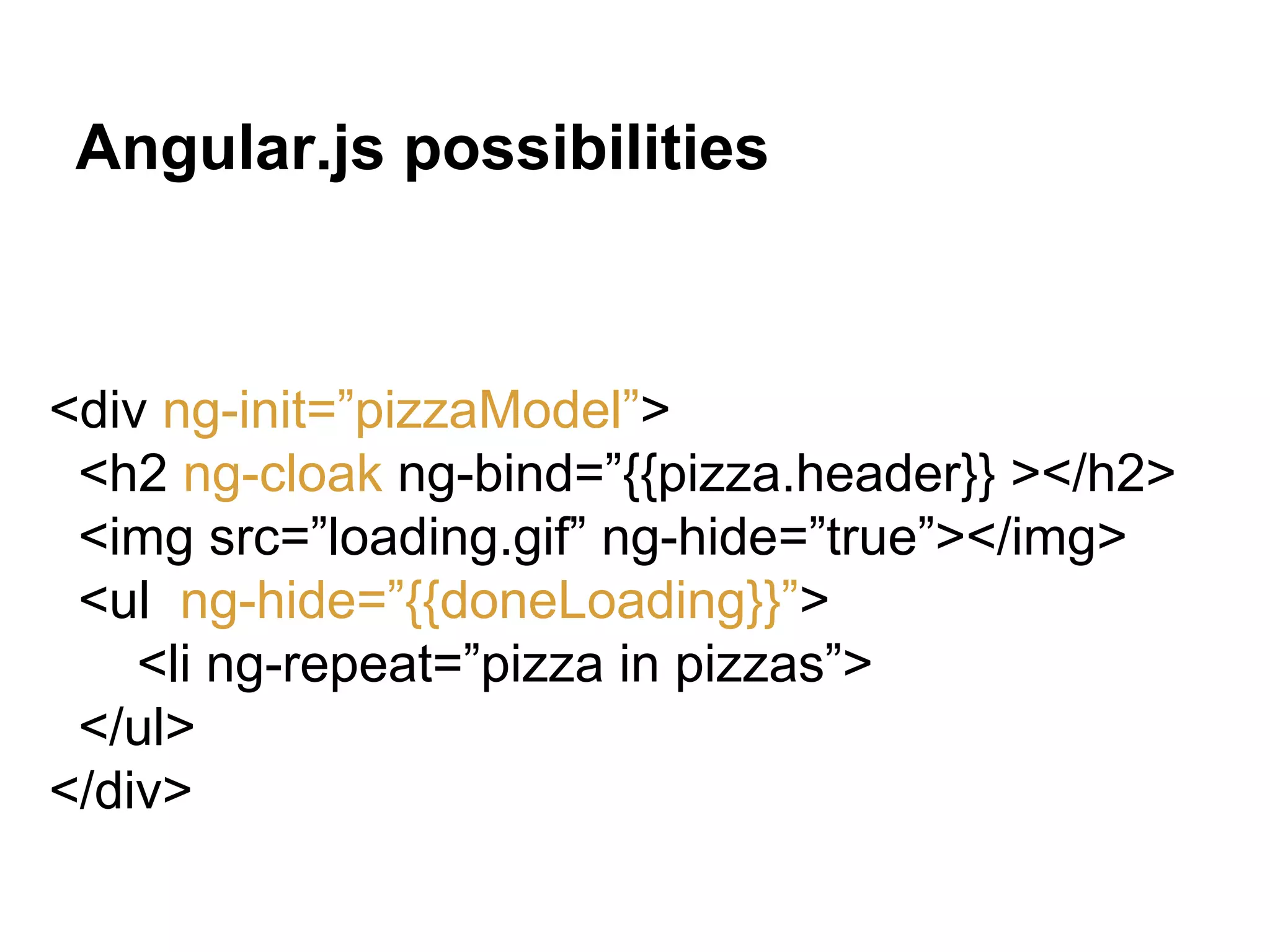 Angular.js possibilities
<div ng-init=”pizzaModel”>
<h2 ng-cloak ng-bind=”{{pizza.header}} ></h2>
<img src=”loading.gif” ng-hide=”true”></img>
<ul ng-hide=”{{doneLoading}}”>
<li ng-repeat=”pizza in pizzas”>
</ul>
</div>
 