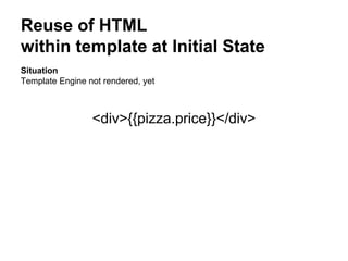 Reuse of HTML
within template at Initial State
Situation
Template Engine not rendered, yet
<div>{{pizza.price}}</div>
 