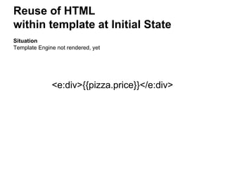 Reuse of HTML
within template at Initial State
Situation
Template Engine not rendered, yet
<e:div>{{pizza.price}}</e:div>
 