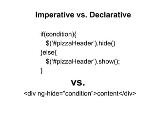 Imperative vs. Declarative
if(condition){
$(‘#pizzaHeader’).hide()
}else{
$(‘#pizzaHeader’).show();
}
vs.
<div ng-hide=”condition”>content</div>
 