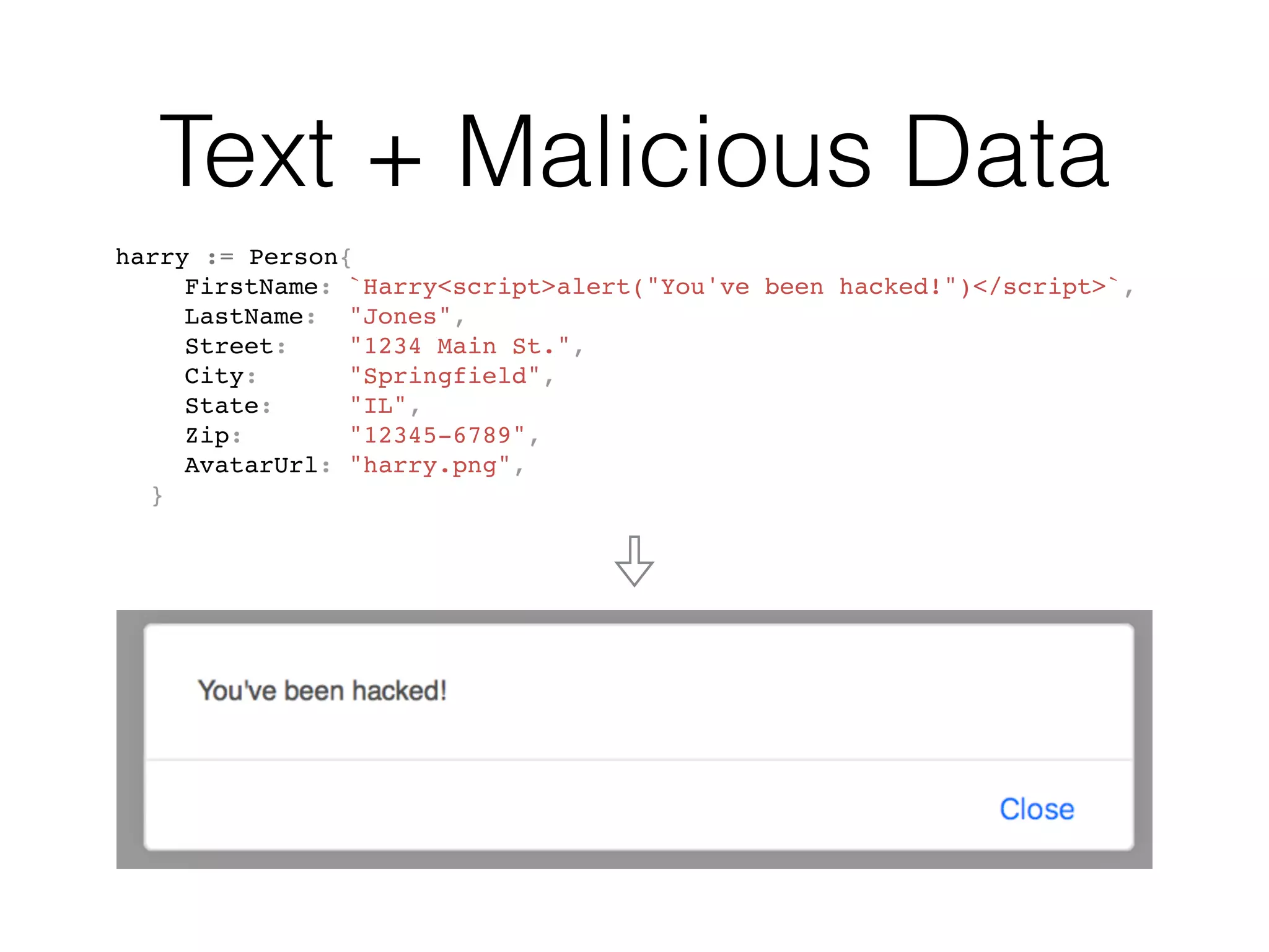 Text + Malicious Data
harry := Person{
FirstName: `Harry<script>alert("You've been hacked!")</script>`,
LastName: "Jones",
Street: "1234 Main St.",
City: "Springfield",
State: "IL",
Zip: "12345-6789",
AvatarUrl: "harry.png",
}
 