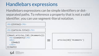 Handlebars expressions
<h1>{{title}}</h1>
<h1>{{article.title}}</h1>
{{#each articles.[10].[#comments]}}
<h1>{{subject}}</h1>
<div>
{{body}}
</div>
{{/each}}
articles[10]['#comments']
=
Handlebars expressions can be simple identifiers or dot-
separated paths. To reference a property that is not a valid
identifier, you can use segment-literal notation.
 