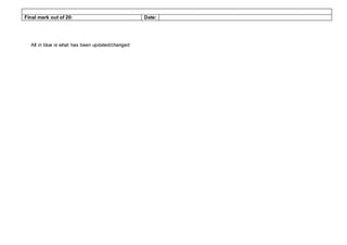 Final mark out of 20: Date:
All in blue is what has been updated/changed
 