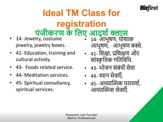 Ideal TM Class for
registration
पंिीकरण क
े जलए आदशट क्लास
Makarand Lele Founder
Bizfirst Professionals
• 14- Jewelry, costume
jewelry, jewelry boxes.
• 41- Education, training and
cultural activity.
• 43- Foods related service.
• 44- Meditation services.
• 45- Spiritual consultancy,
spiritual services.
• 14- आभूर्षि, पोिाक
आभूर्षि, आभूर्षि बक्से.
• 41- निक्षा, प्रनिक्षि और
सांस्क
ृ नतक गनतनवनध.
• 43- भोजन संबंधी सेवा
• 44- ध्यान सेवाएाँ .
• 45- आध्याब्लिक परार्िा,
आध्याब्लिक सेवाएाँ .
 