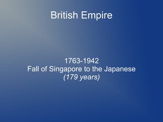 British Empire
1763-1942
Fall of Singapore to the Japanese
(179 years)
 