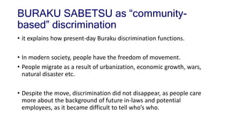 BURAKU SABETSU as “community-
based” discrimination
• it explains how present-day Buraku discrimination functions.
• In mo...