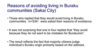Reasons of avoiding living in Buraku
communities (Sakai City)
• Those who replied that they would avoid living in Buraku
c...