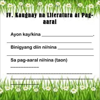 IV. Kaugnay na Literatura at Pag-
aaral
Ayon kay/kina _______________________.
______________________________________
Binigyang diin ni/nina ________________
_______________________________________
Sa pag-aaral ni/nina (taon)
___________
_________________________________
________________________________
___________
 