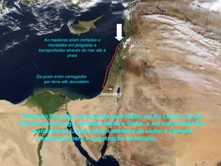 Jerusalém
Salomão fez então um acordo com Hirão, rei do Líbano. Israel
lhe forneceria trigo, cevada, azeite e vinho, e em troca Hirão lhe
mandaria do Líbano toda a madeira de cedro e cipreste
necessária para a construção do templo.
As madeiras eram cortadas e
montadas em jangadas e
transportadas através do mar até à
praia
Da praia eram carregadas
por terra até Jerusalém.
 
